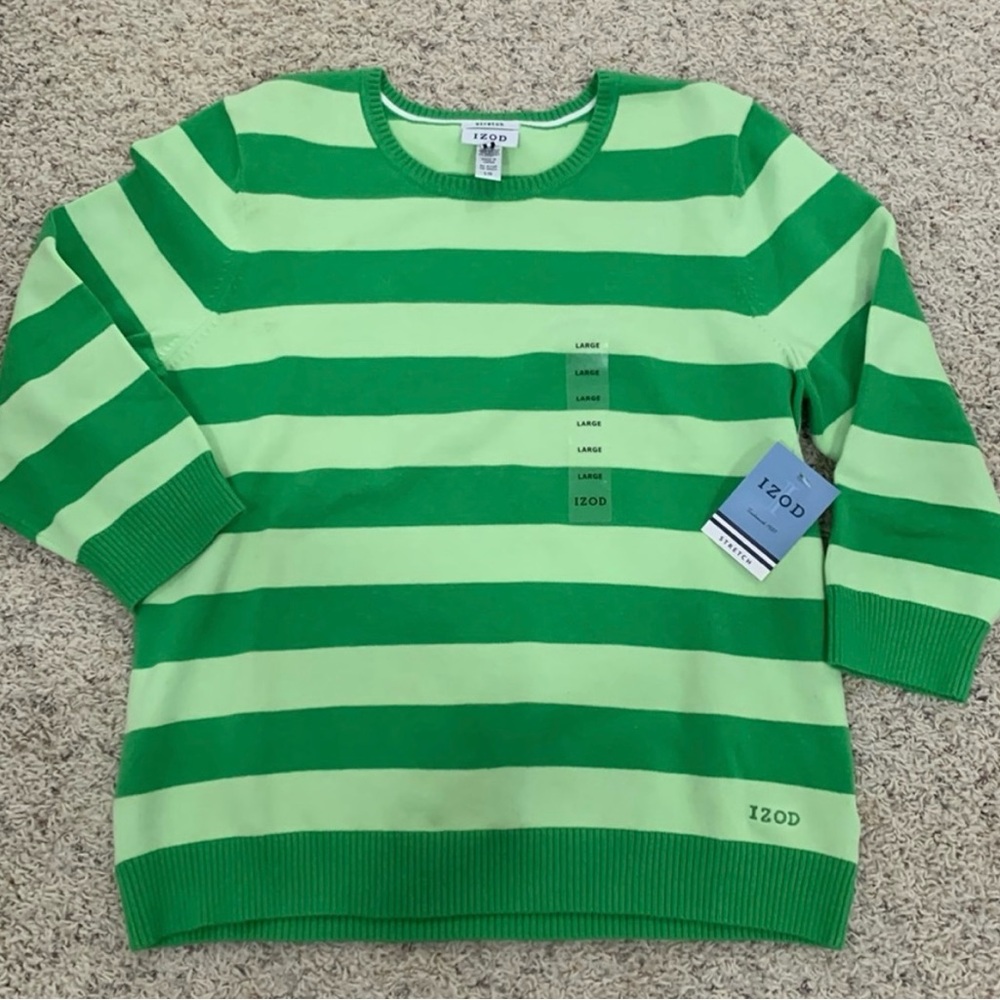 IZOD Stretch Womens Green Striped sweater 3/4 length sleeves size M